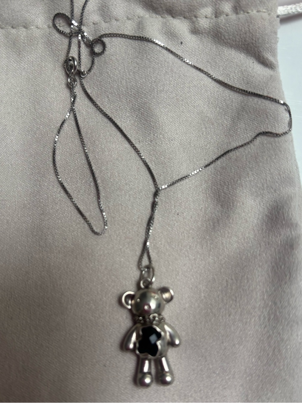 Silver Teddy Bear Pendant Necklace with Black Gem